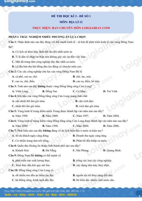 Đề thi học kì 2 Địa lí 12 - Đề số 1
